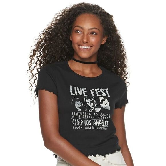 NWT Awake Juniors' Ruffled Sleeve Live Fest Tee - Picture 1 of 5